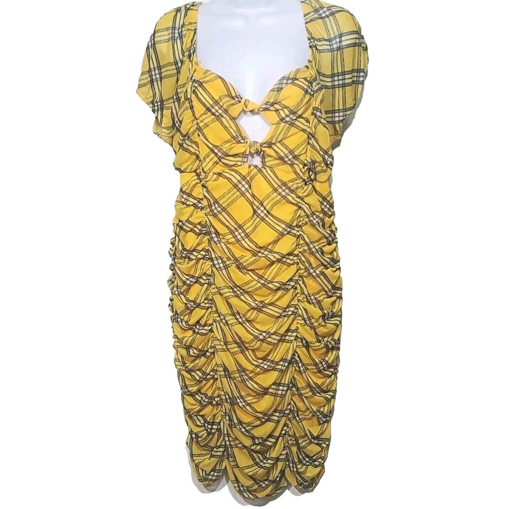 Madden NYC XXL Yellow Gray Plaid Cap Sleeve Ruching Bodycon Cocktail Party Dress